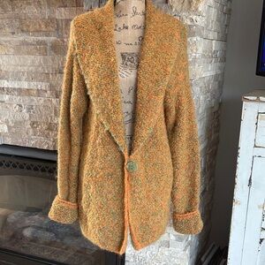 Tabask alpaca wool blend long line one button orange and green cardigan